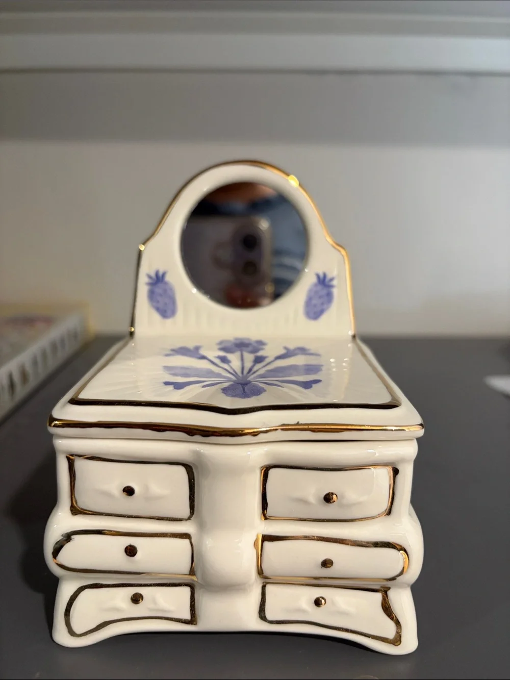 Decorative White Ceramic Jewelry Chest with Blue Floral Motif and Gold Trim